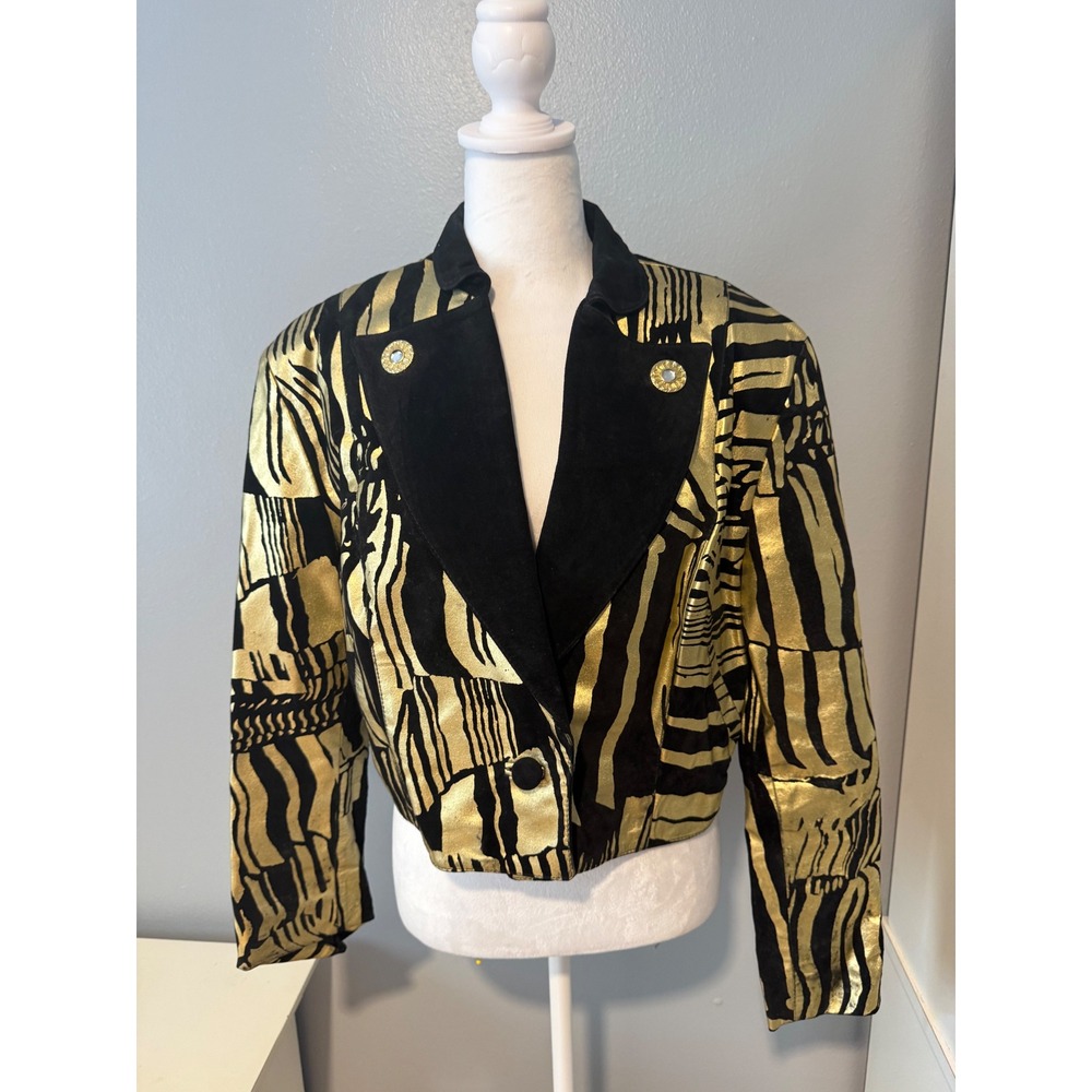 Julian K Vintage Gold Black Metallic Zebra Leather Cropped Jacket Blazer Large